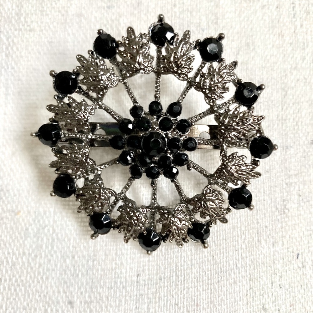 Vintage Scottish Black Rhinestone Pinwheel Brooch
